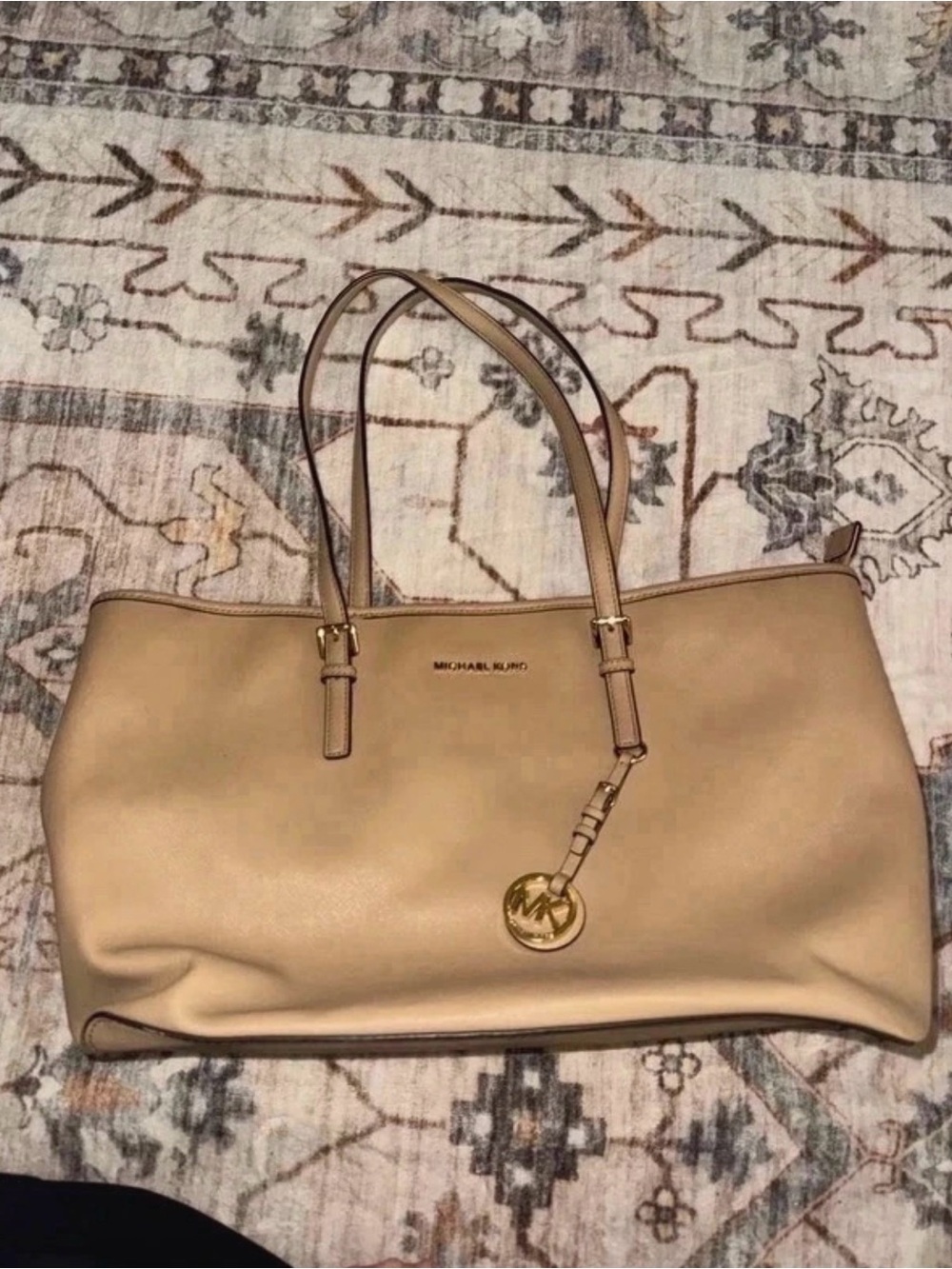 Michael Kors Tan Leather Tote with Gold MK Charm